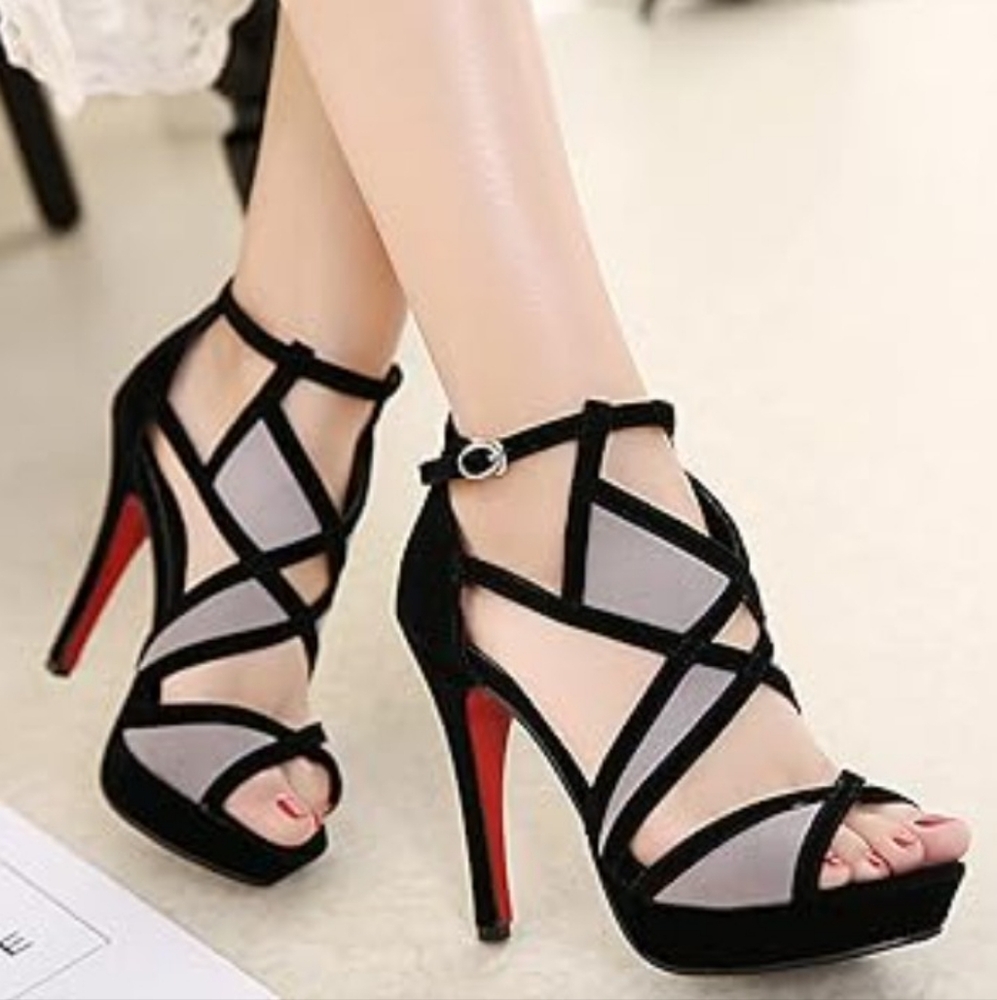 NWOT Shein Strappy Killer Black & Grey Velvet Red Soled Stilettos Sz 7